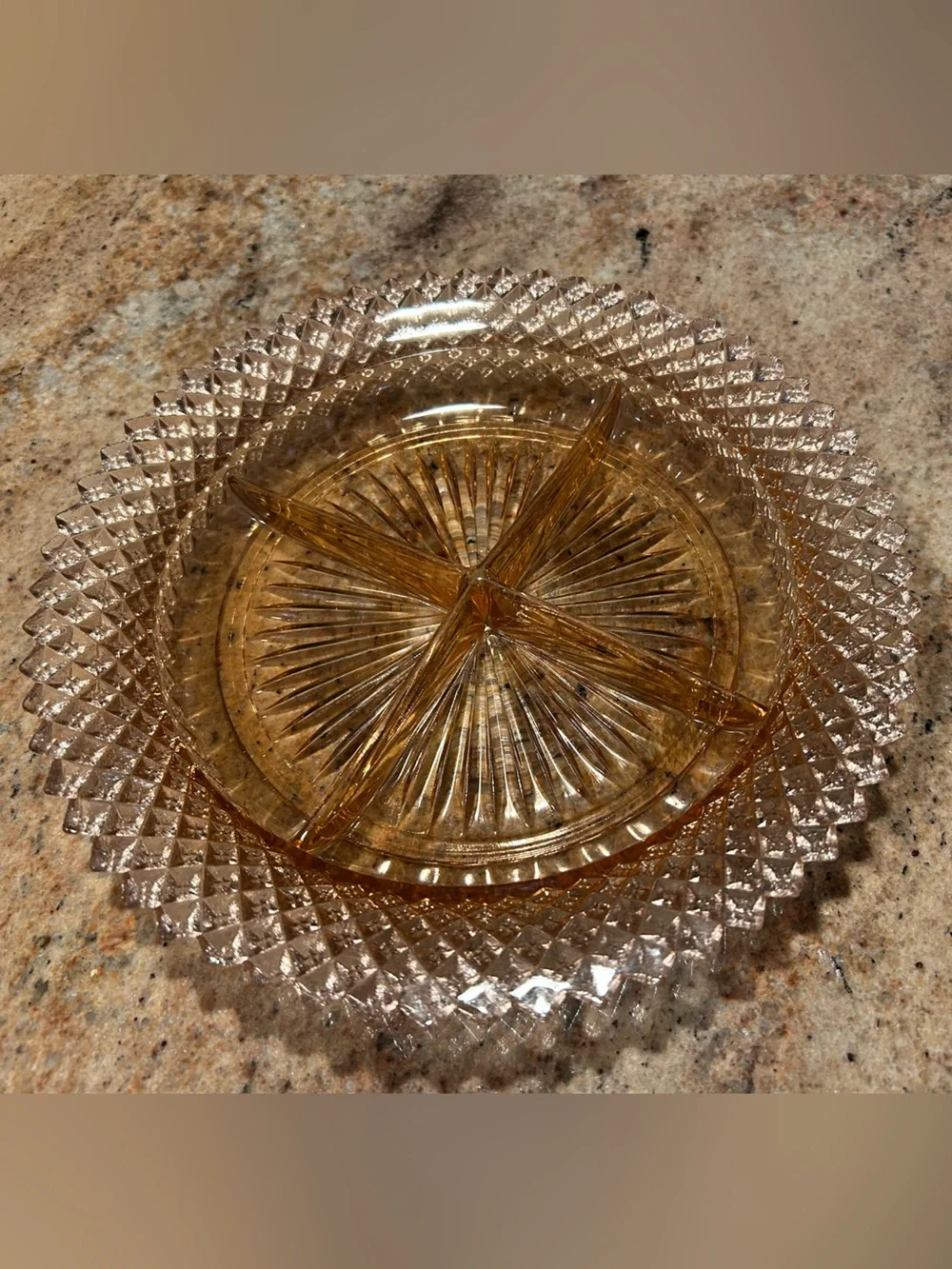 Miss America Pink Glass Divided Serving Dish 9”x9” 1930’s w/ 11” Crocheted Doily